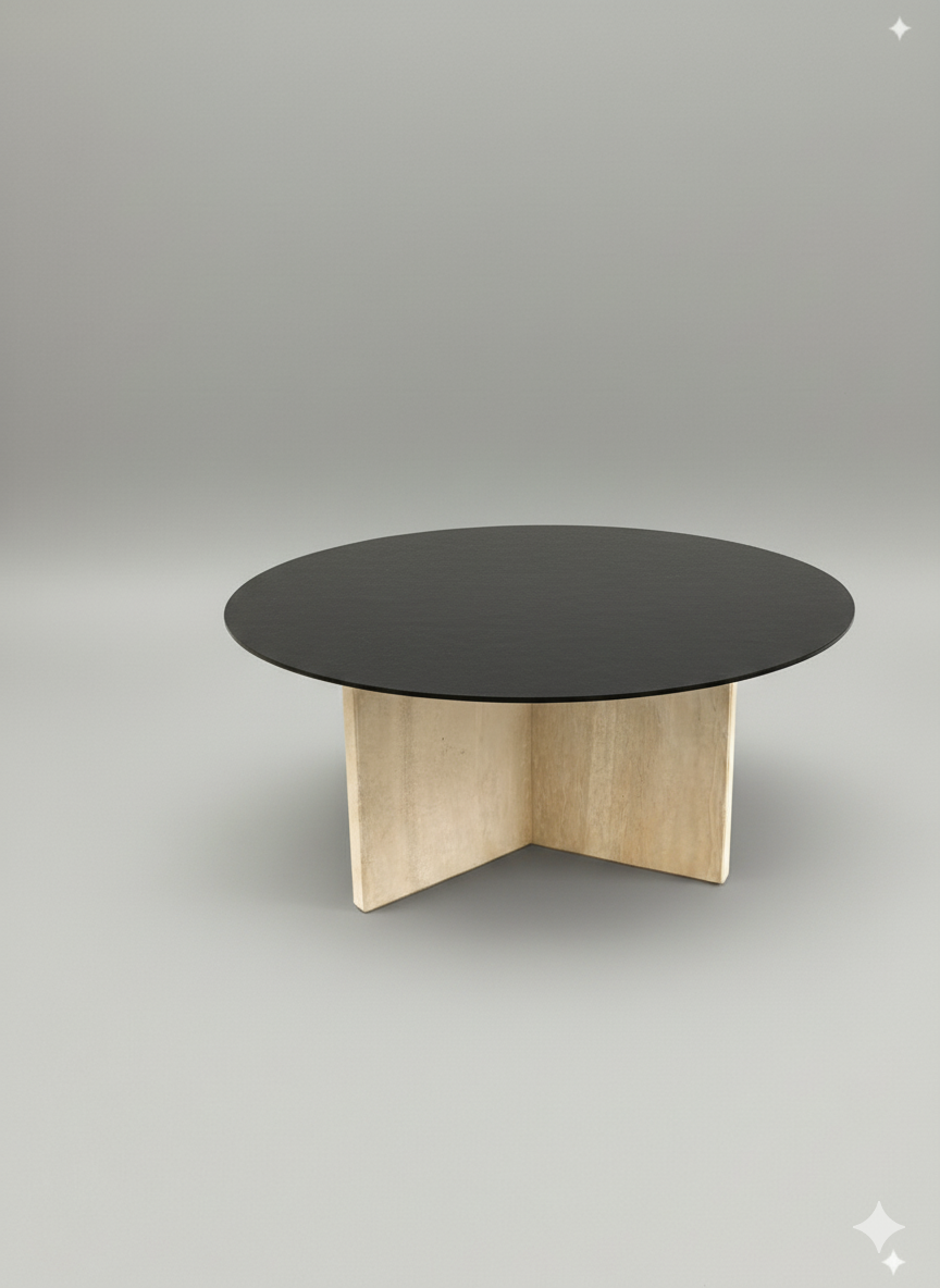 Table basse travertin & verre teinté noir – design italien 70