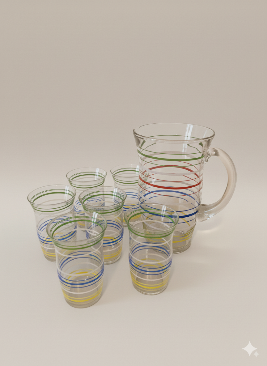 Service apéritif vintage – carafe + verres à rayures multicolores 70s