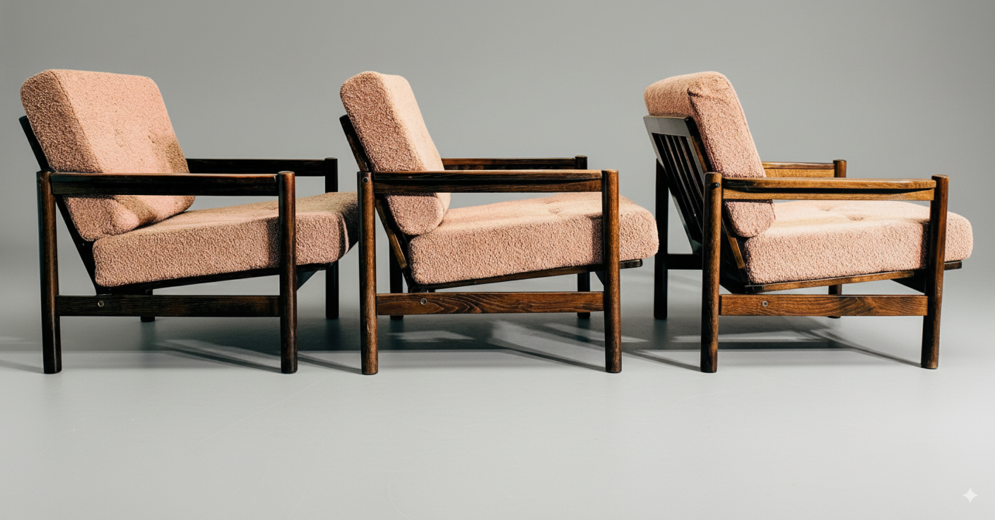 Fauteuil scandinave vintage – chêne foncé & coussins poudre