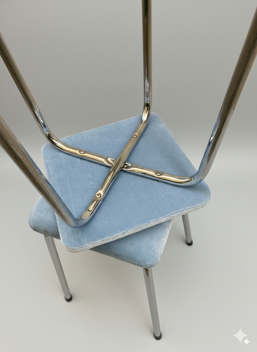 Paire de tabourets vintage – structure chrome & assise bleue