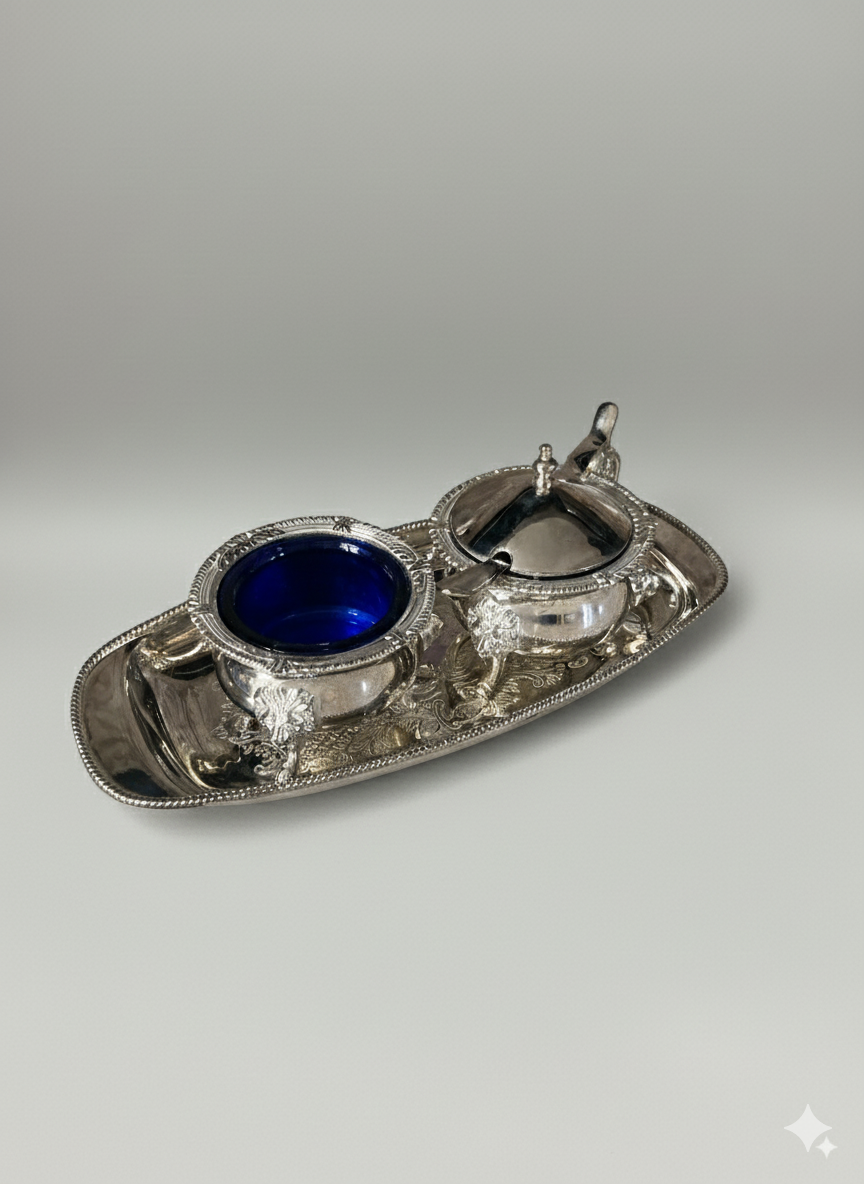 Service à condiments argent & verre bleu cobalt