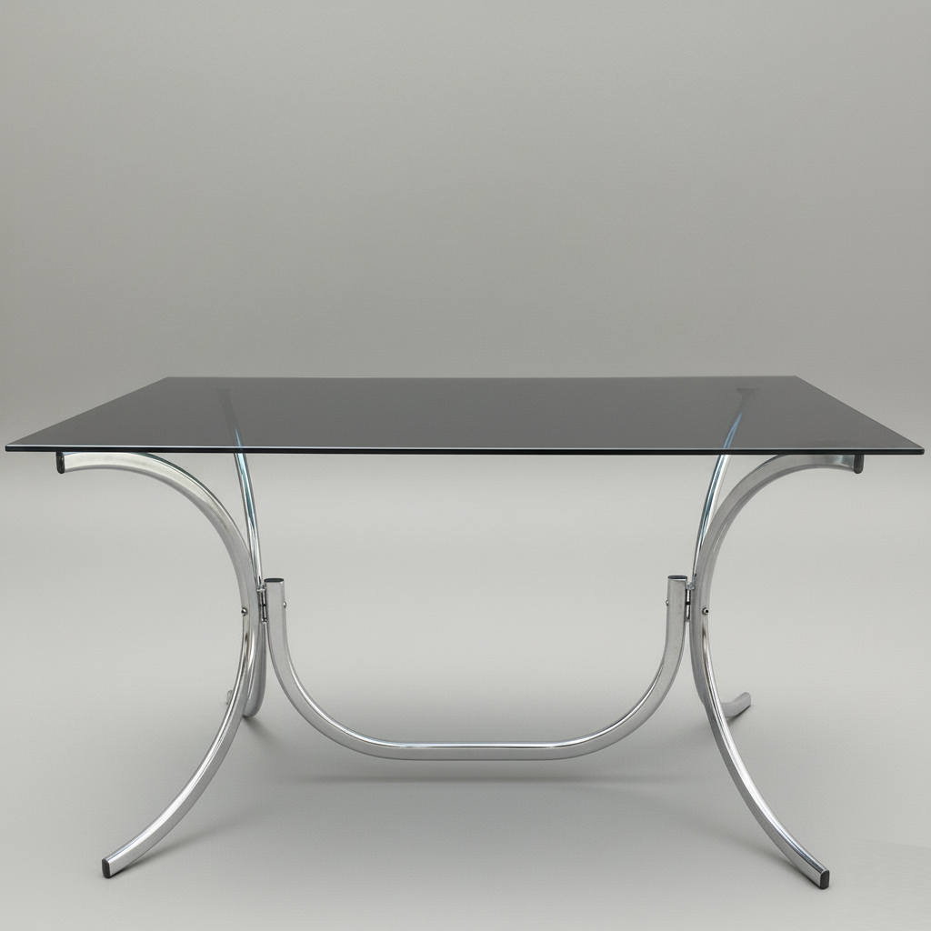 Table vintage verre fumé & piétement chromé – années 70-80