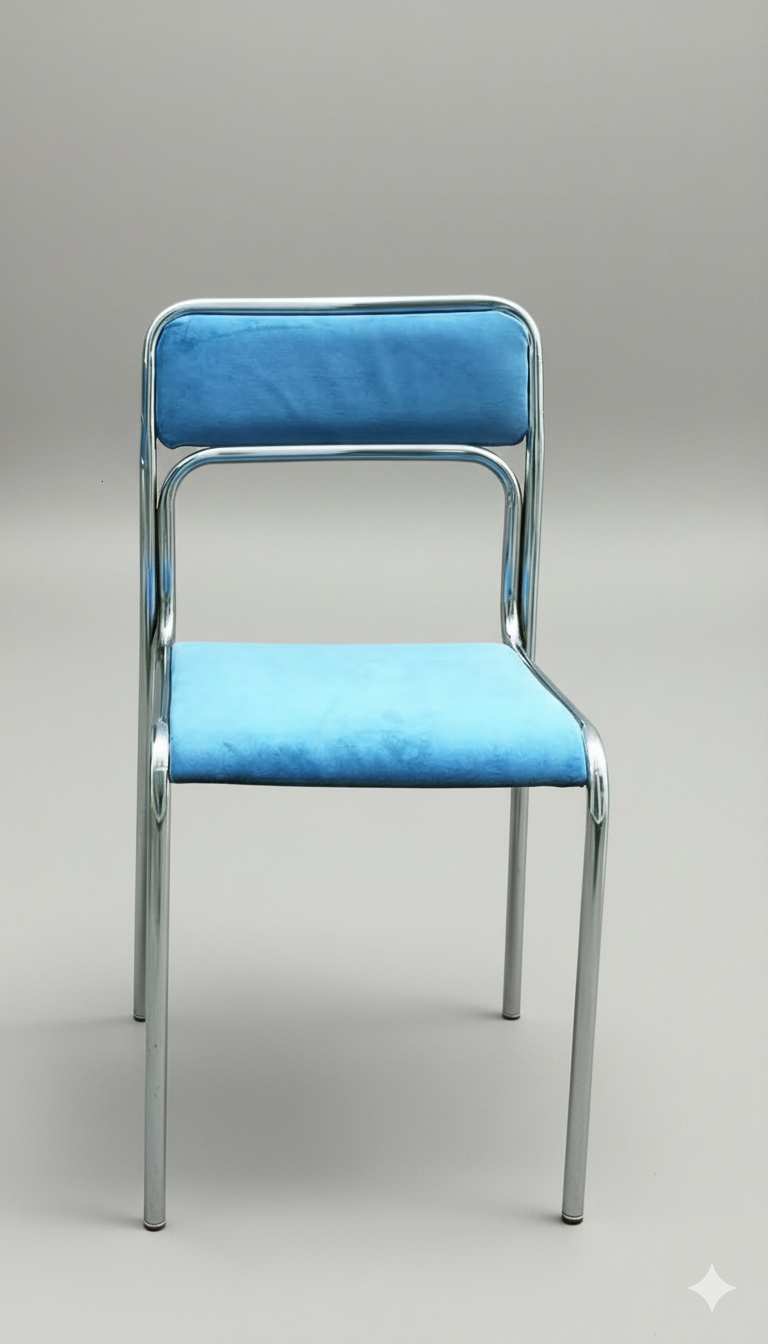 Chaise chromée 70s – assise en velours bleu ciel