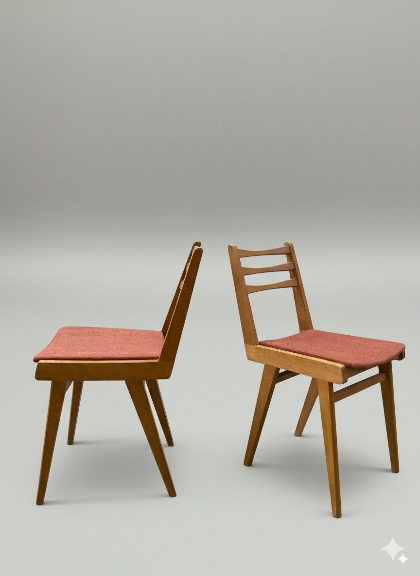 Paire de chaises vintage en bois massif & assise tissu terracotta