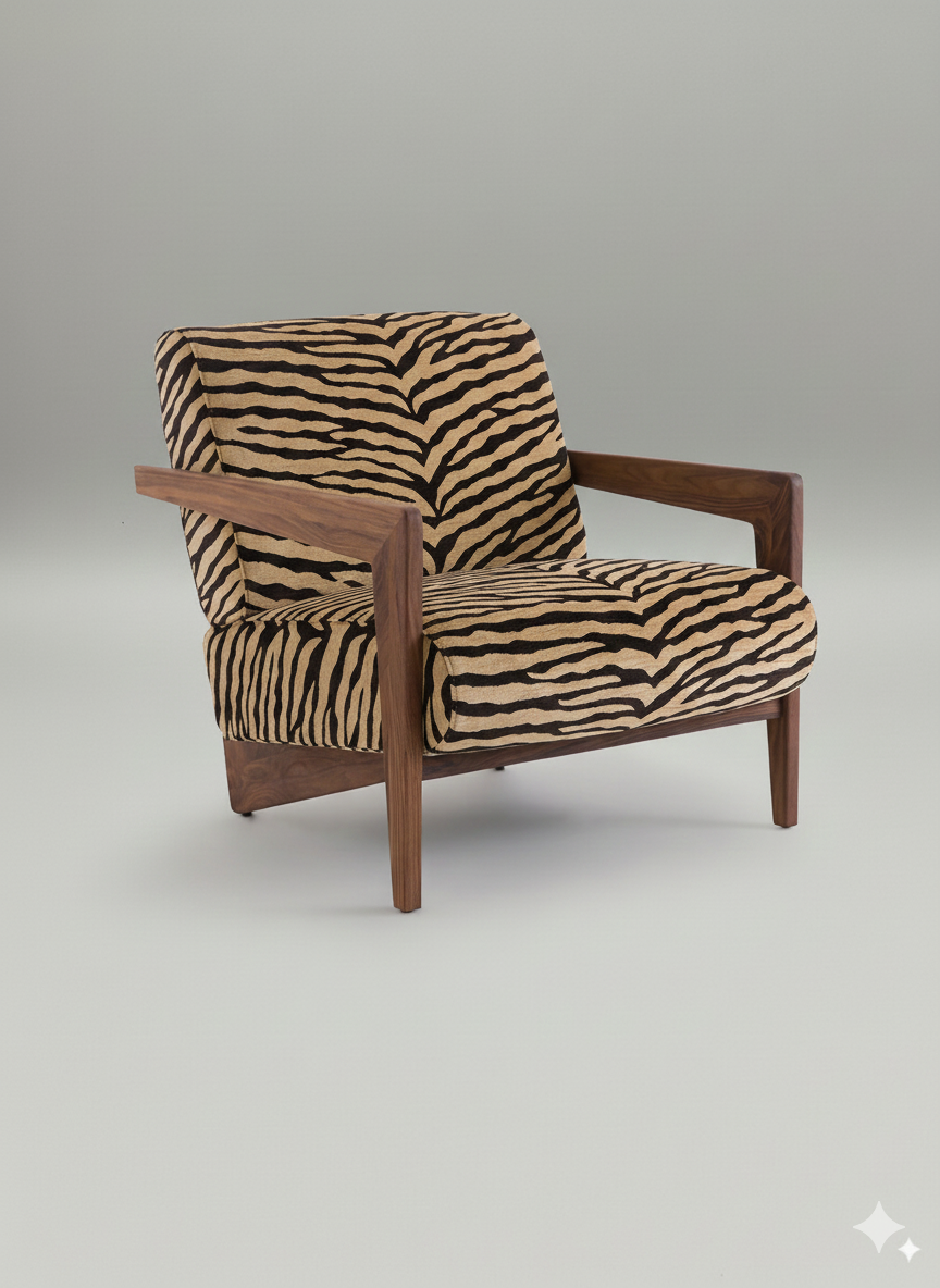 Fauteuil noyer massif tissu jacquard, Izag Couleur imprimé animal AM.PM