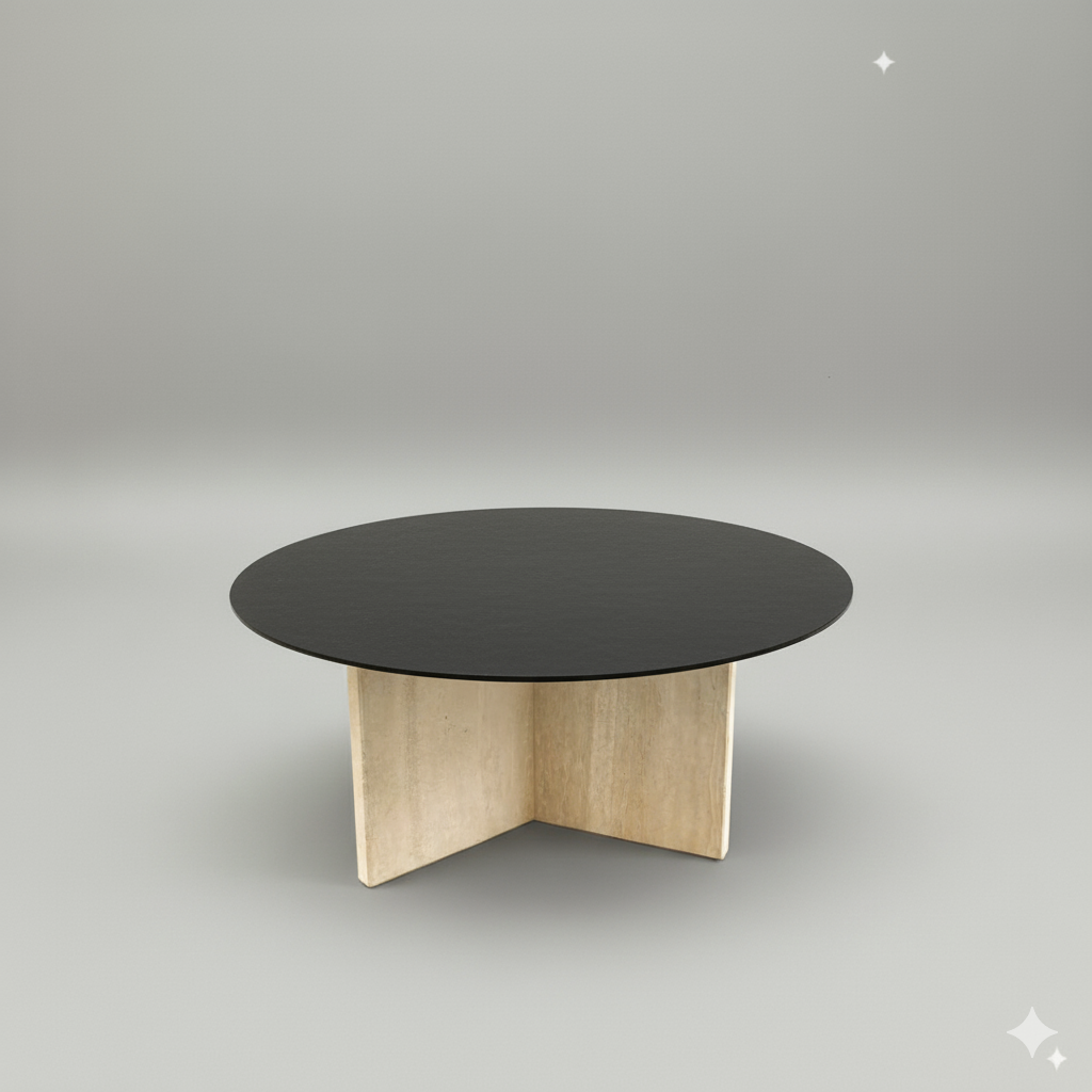 Table basse travertin & verre teinté noir – design italien 70