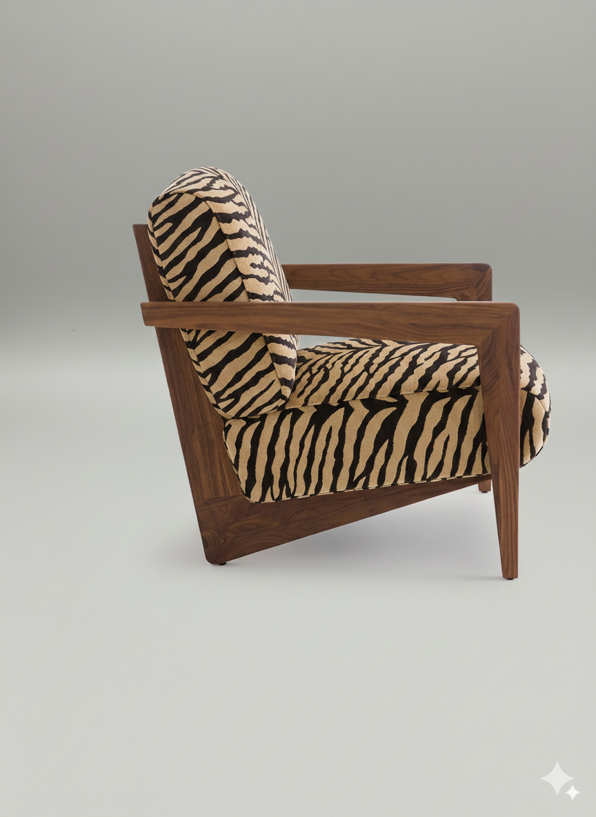 Fauteuil noyer massif tissu jacquard, Izag Couleur imprimé animal AM.PM