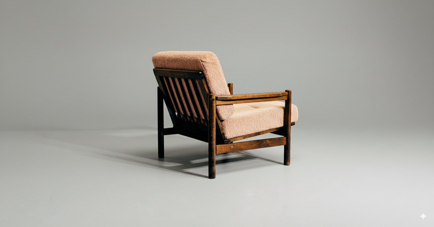 Fauteuil scandinave vintage – chêne foncé & coussins poudre