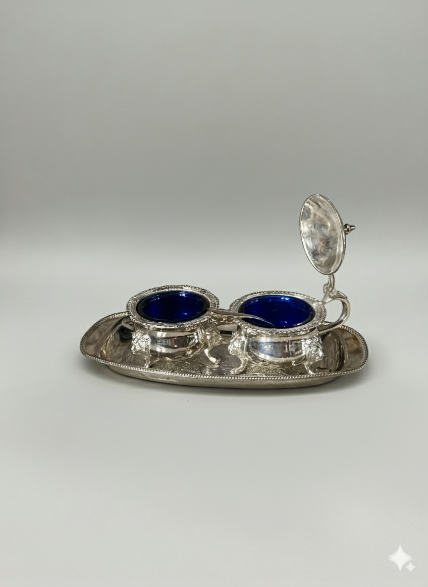 Service à condiments argent & verre bleu cobalt