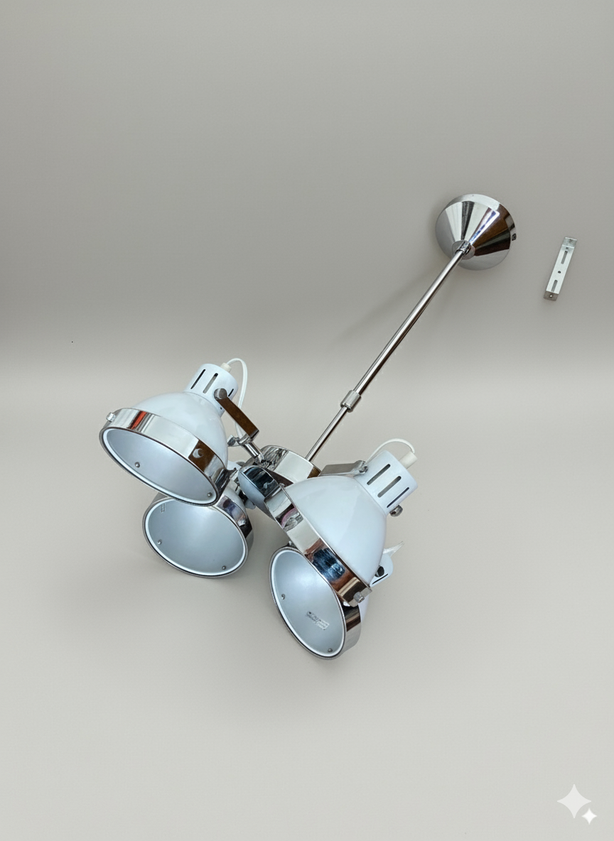 Suspension vintage réglable à 4 spots orientables – blanc & chrome