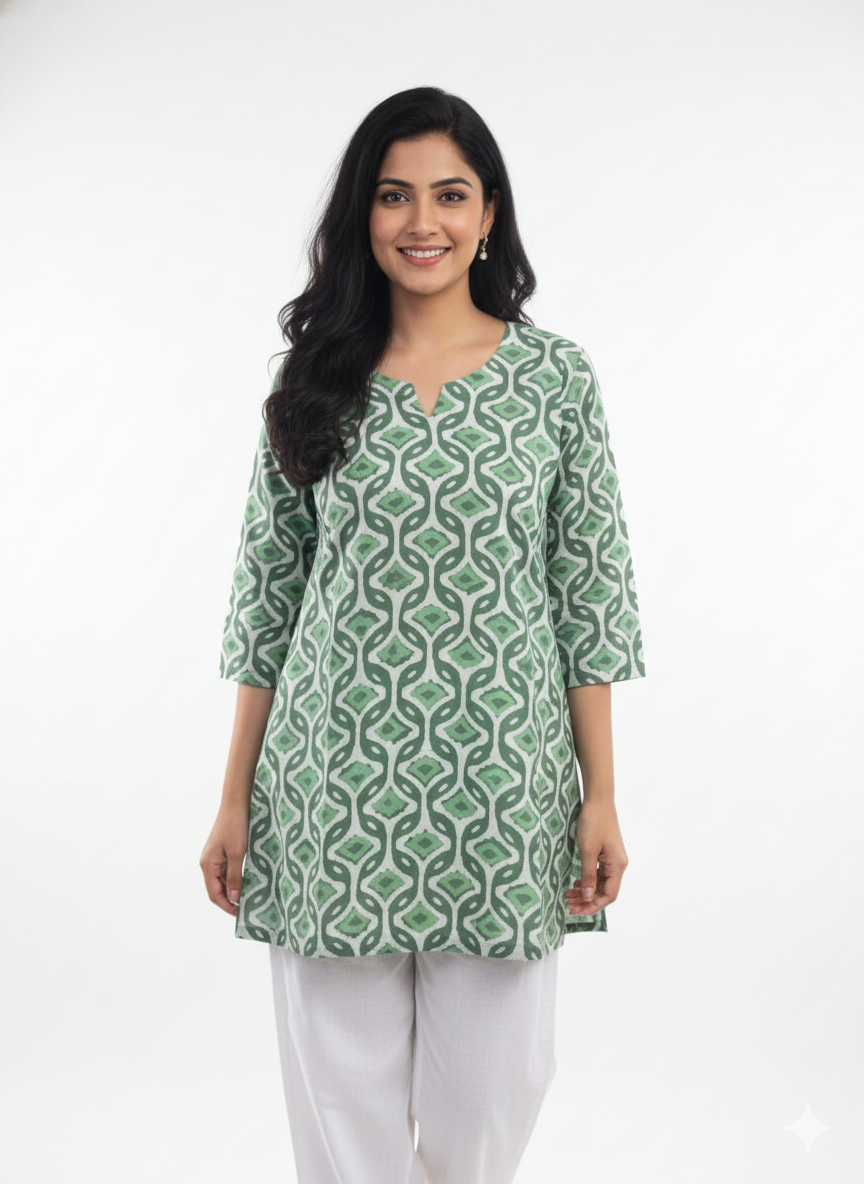 Green Printed Cotton Kurti