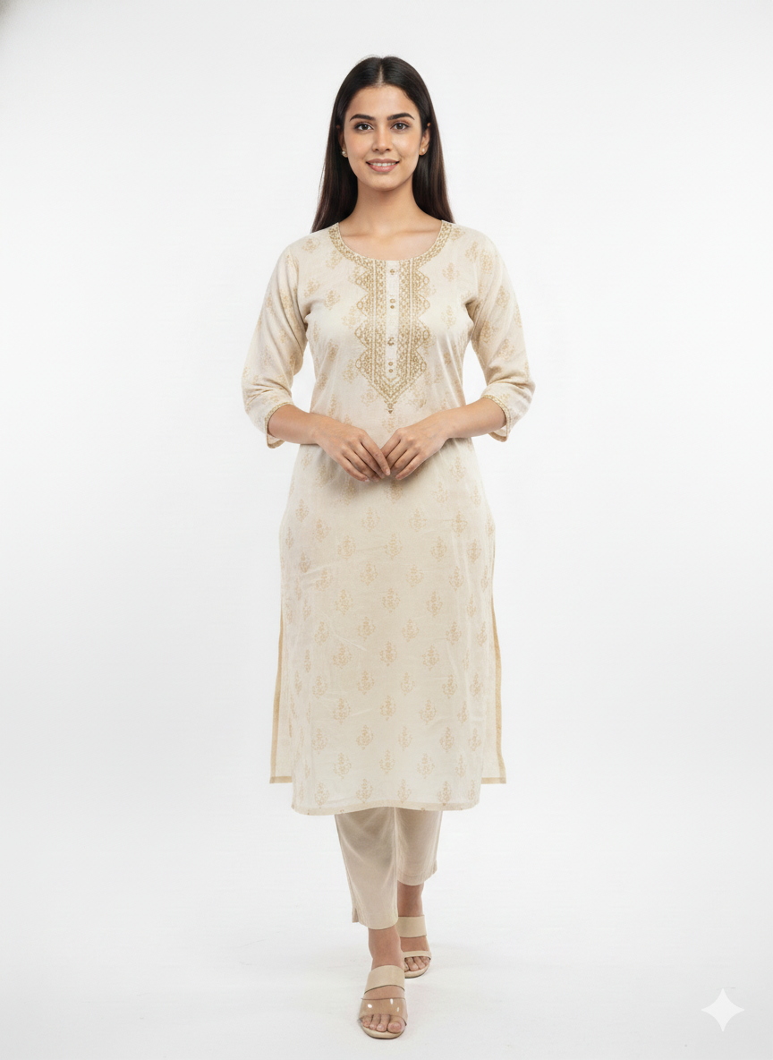 Elegant Beige Embroidered Kurti Set