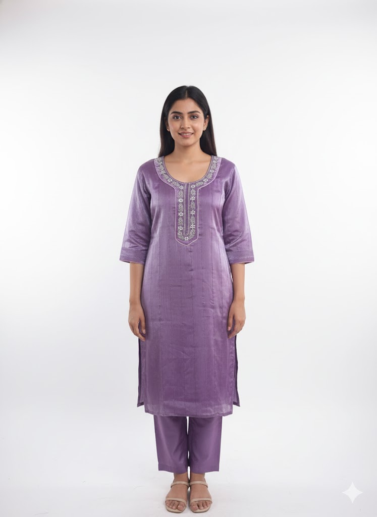Lavender Silk Embroidered Kurta Set