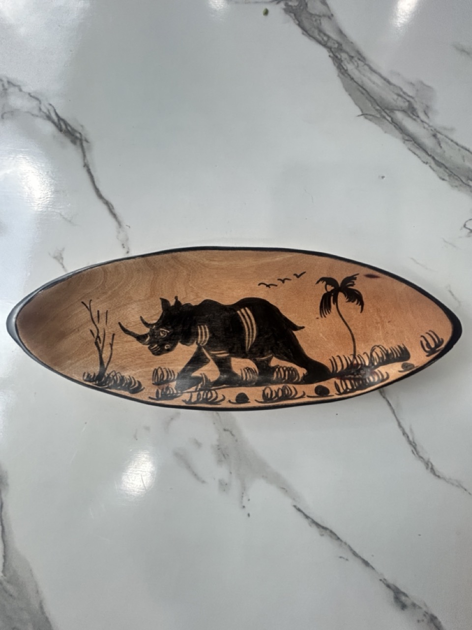 Handcrafted Wooden Bowl with Rhino Art