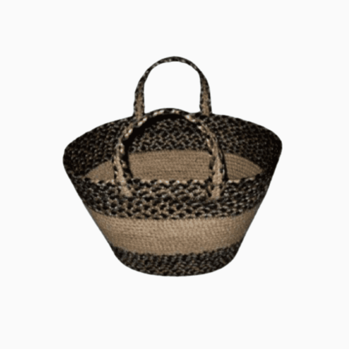 Braided Jute Oval Basket Bag - Black & Natural Tote with Handles