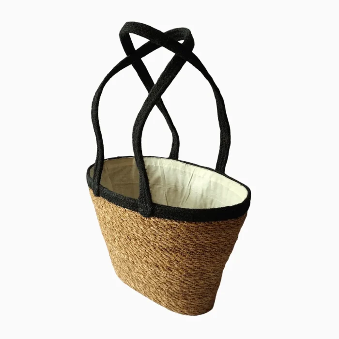 Lined Seagrass & Jute Oval Basket Bag - Natural & Black Tote with Handle