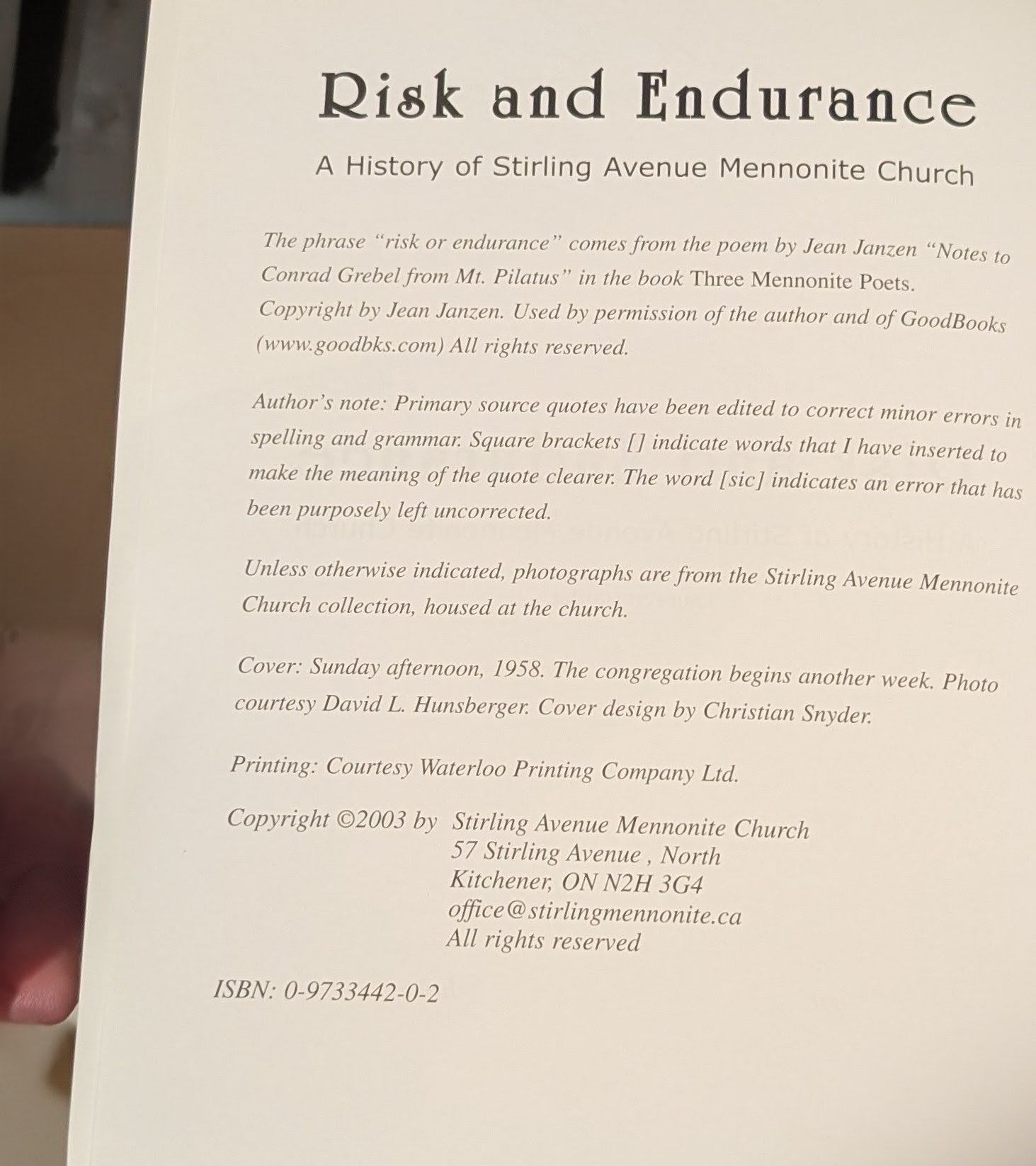 Risk and Endurance: A History of Stirling Avenue Mennonite Church