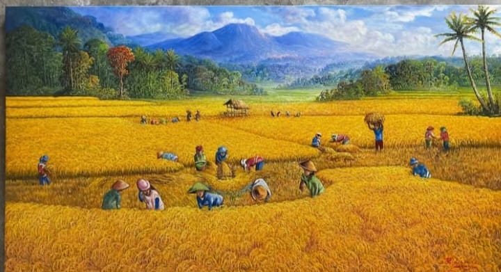 lukisan premium nuansa pedesaan dan pesawahan