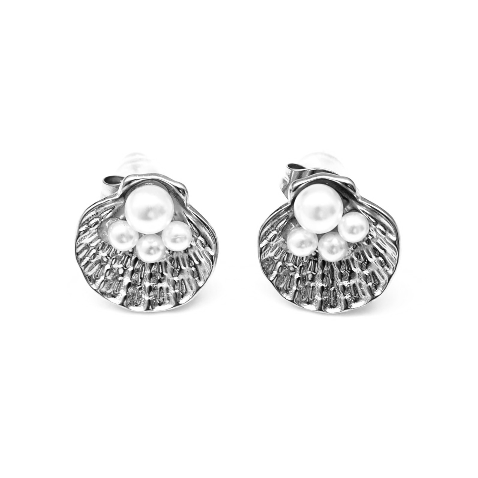 Brincos concha com pérolas - Prateado