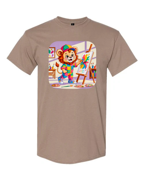 Graphic t-shirt with a lion doing art, short sleeve, crewneck, cotton/polyester kids & adults sizes