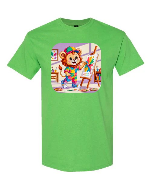 Graphic t-shirt with a lion doing art, short sleeve, crewneck, cotton/polyester kids & adults sizes