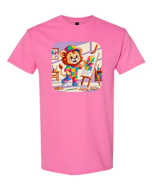 Graphic t-shirt with a lion doing art, short sleeve, crewneck, cotton/polyester kids & adults sizes