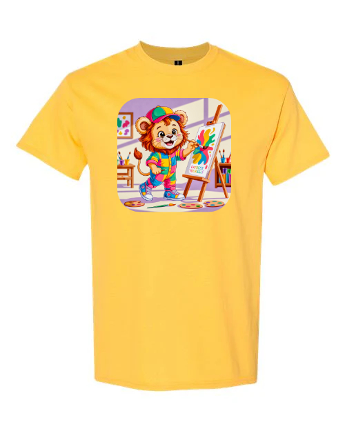 Graphic t-shirt with a lion doing art, short sleeve, crewneck, cotton/polyester kids & adults sizes