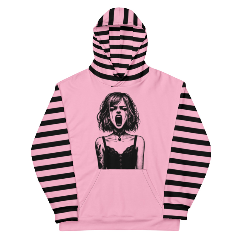 Pink and Black Striped Graphic Hoodie