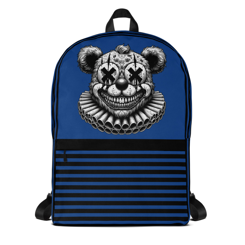 Blue Backpack with Creepy Clown Bear Design
