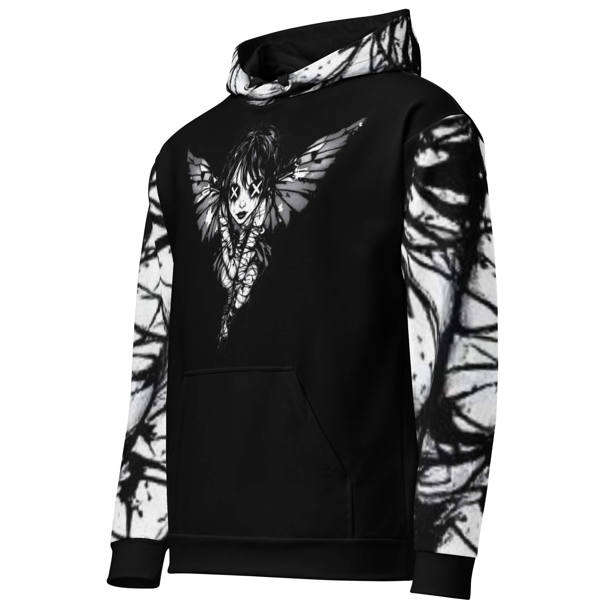 Black Artistic Hoodie with Angel Wings Print