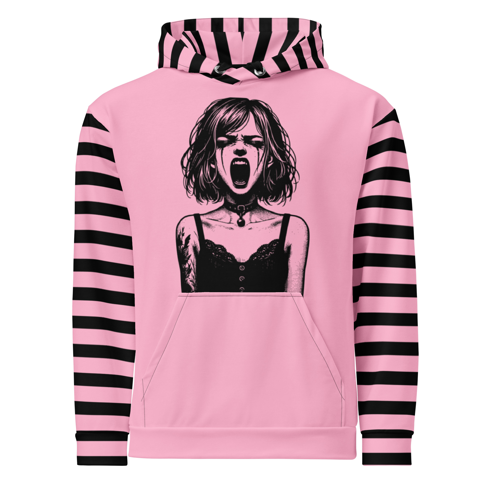 Pink and Black Striped Graphic Hoodie
