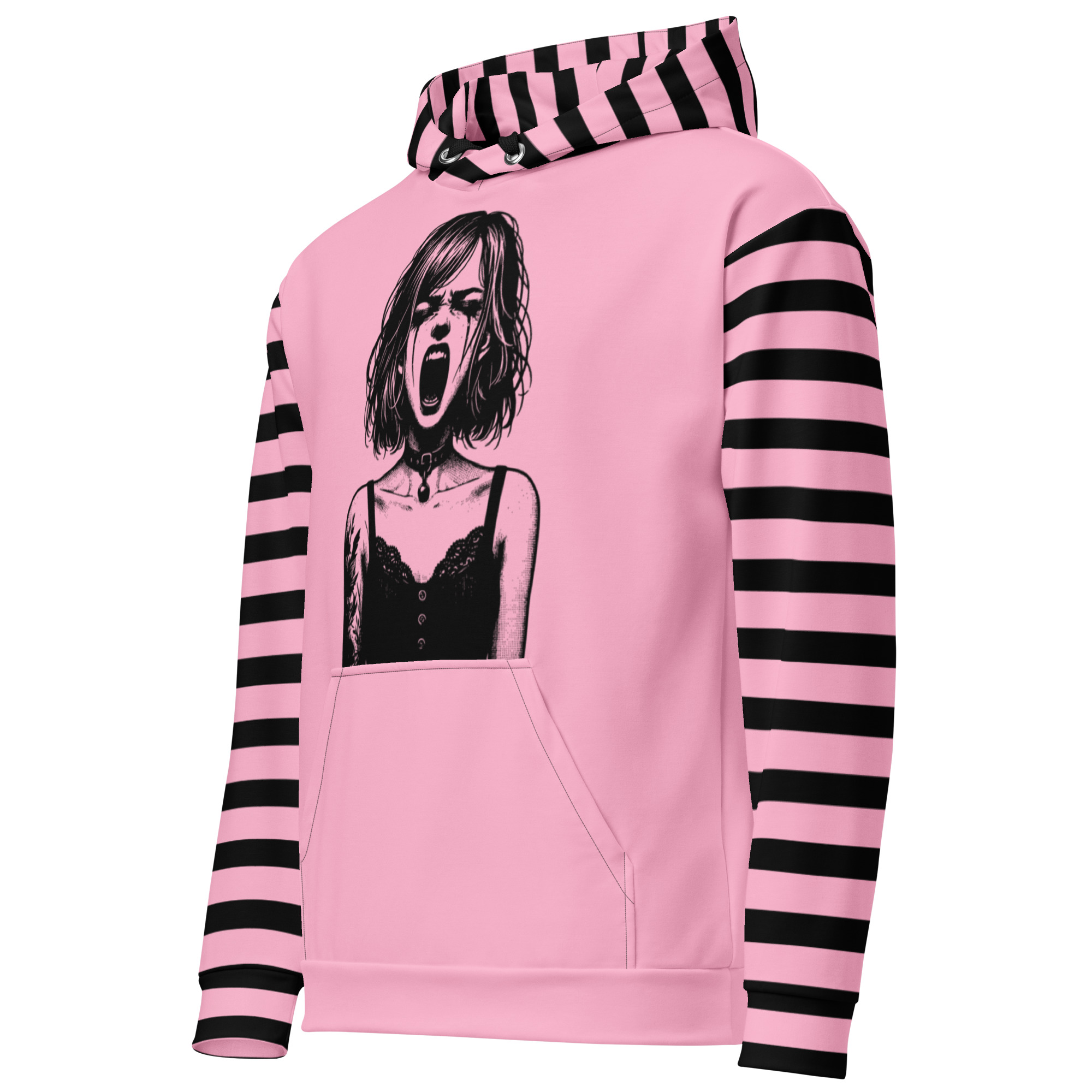 Pink and Black Striped Graphic Hoodie