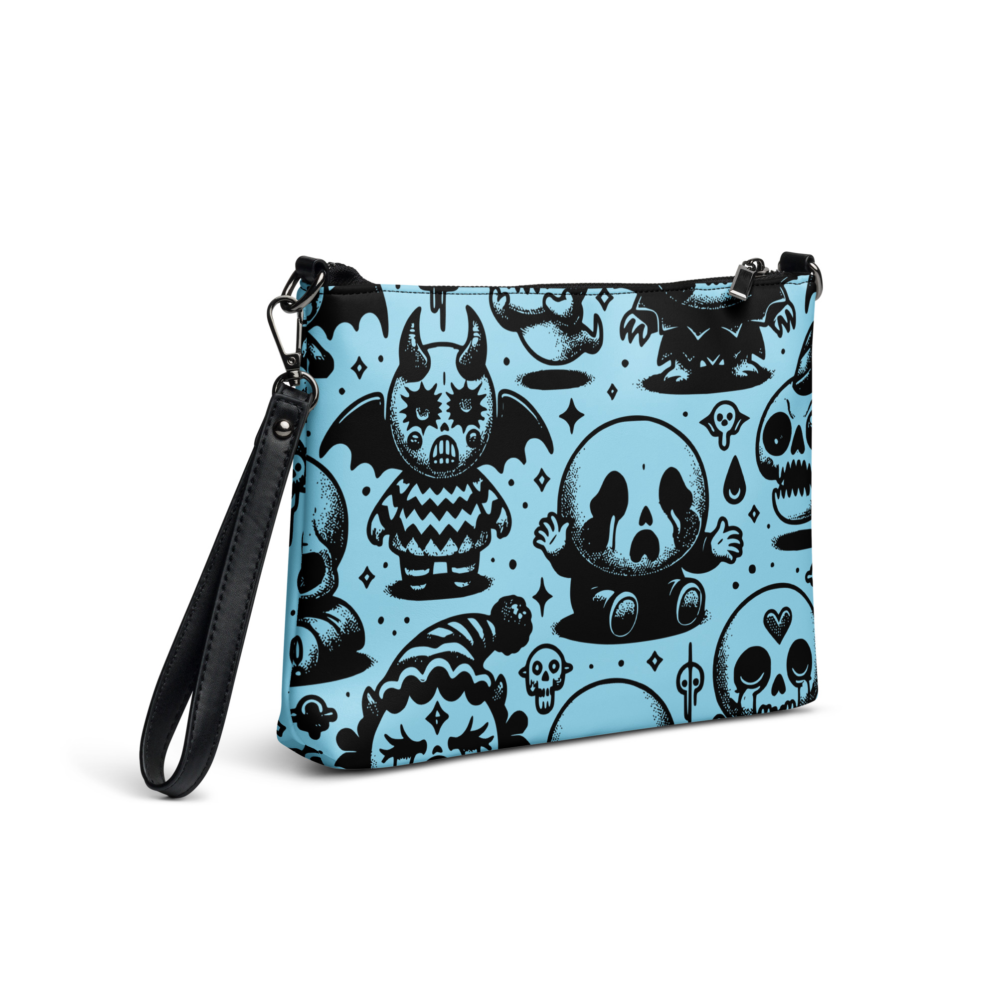 Blue Cartoon Skull Print Wristlet Bag