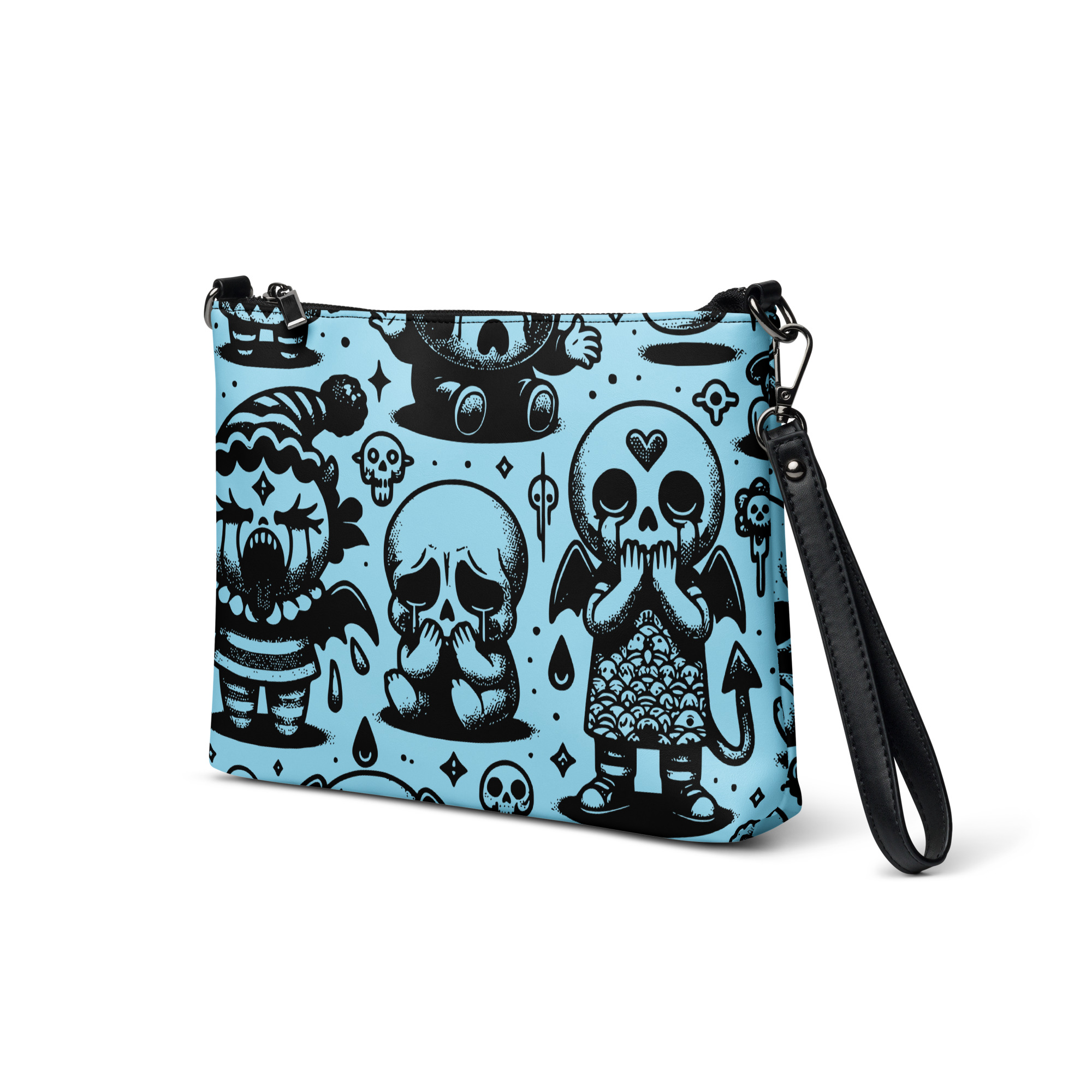 Blue Cartoon Skull Print Wristlet Bag