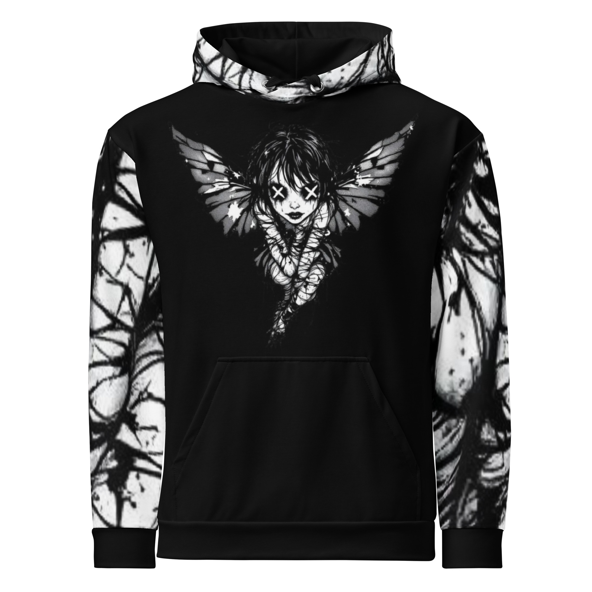 Black Artistic Hoodie with Angel Wings Print