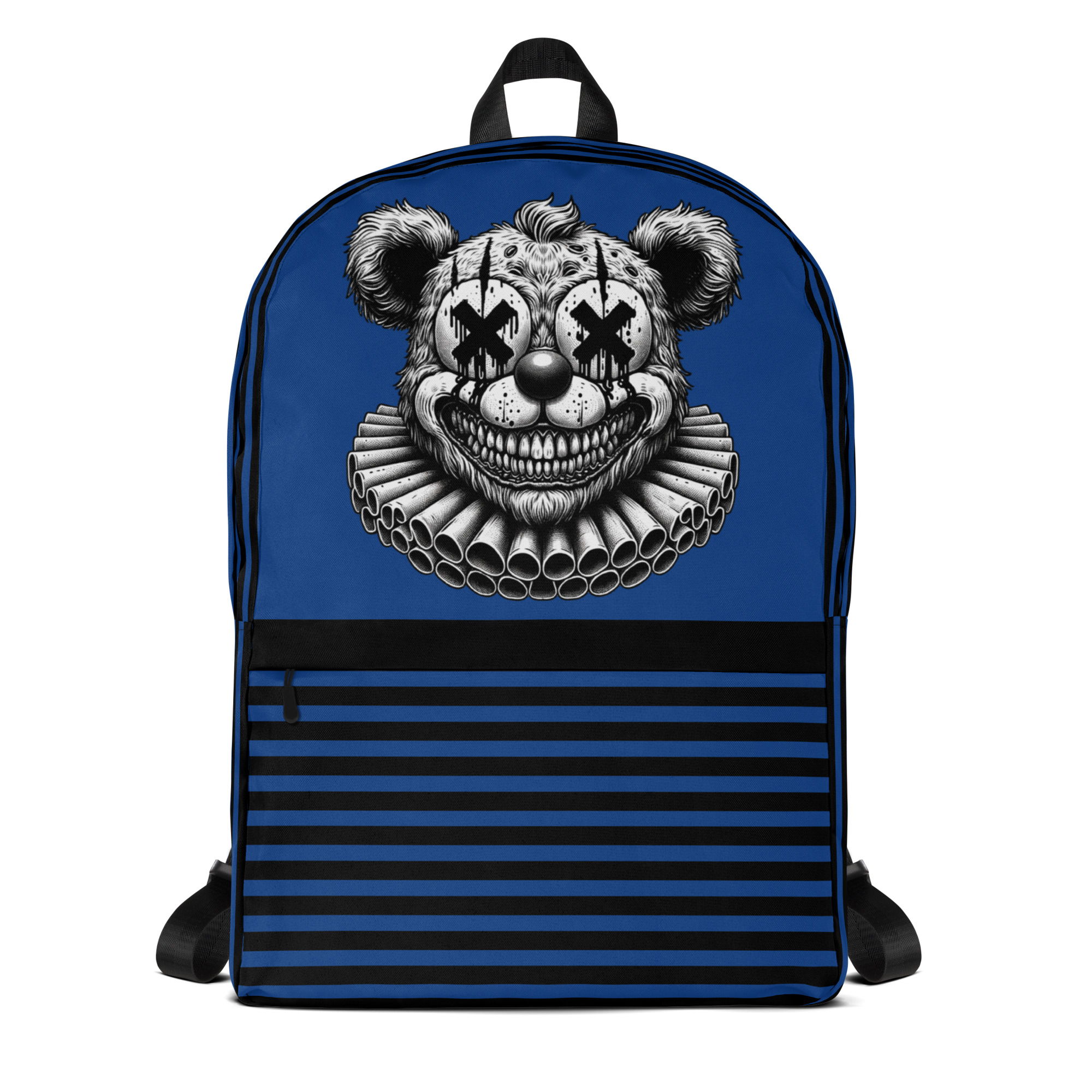 Blue Backpack with Creepy Clown Bear Design