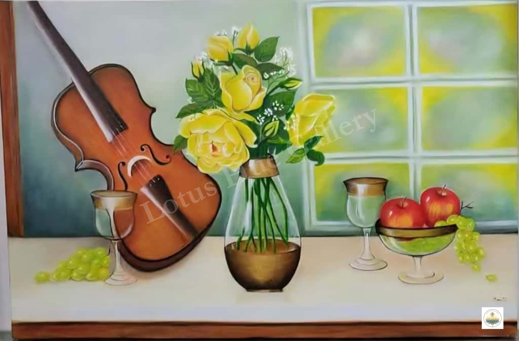 Still Life Painting with Violin and Yellow Roses