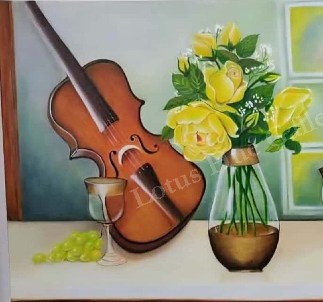 Still Life Painting with Violin and Yellow Roses