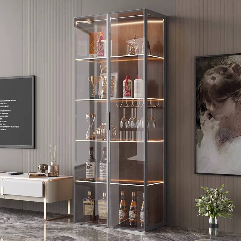 LED Lighted Glass Liquor Cabinet: Aluminum Frame, Sensor Lights & Explosion-Proof Glass for Home/Commercial Use