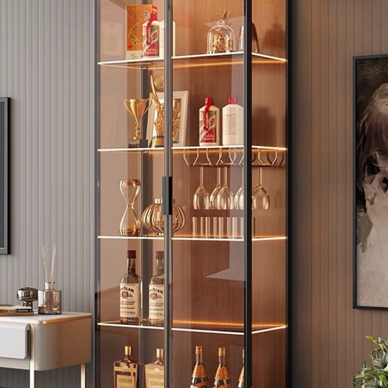 LED Lighted Glass Liquor Cabinet: Aluminum Frame, Sensor Lights & Explosion-Proof Glass for Home/Commercial Use