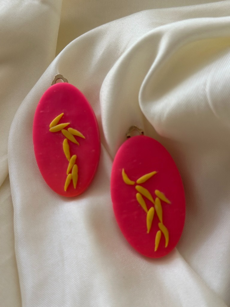 Pink and Yellow Bamboo Leaves Oval Clip-On Earrings