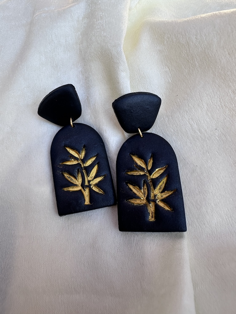 Gold and Black Bamboo Leaves Dangle Earrings