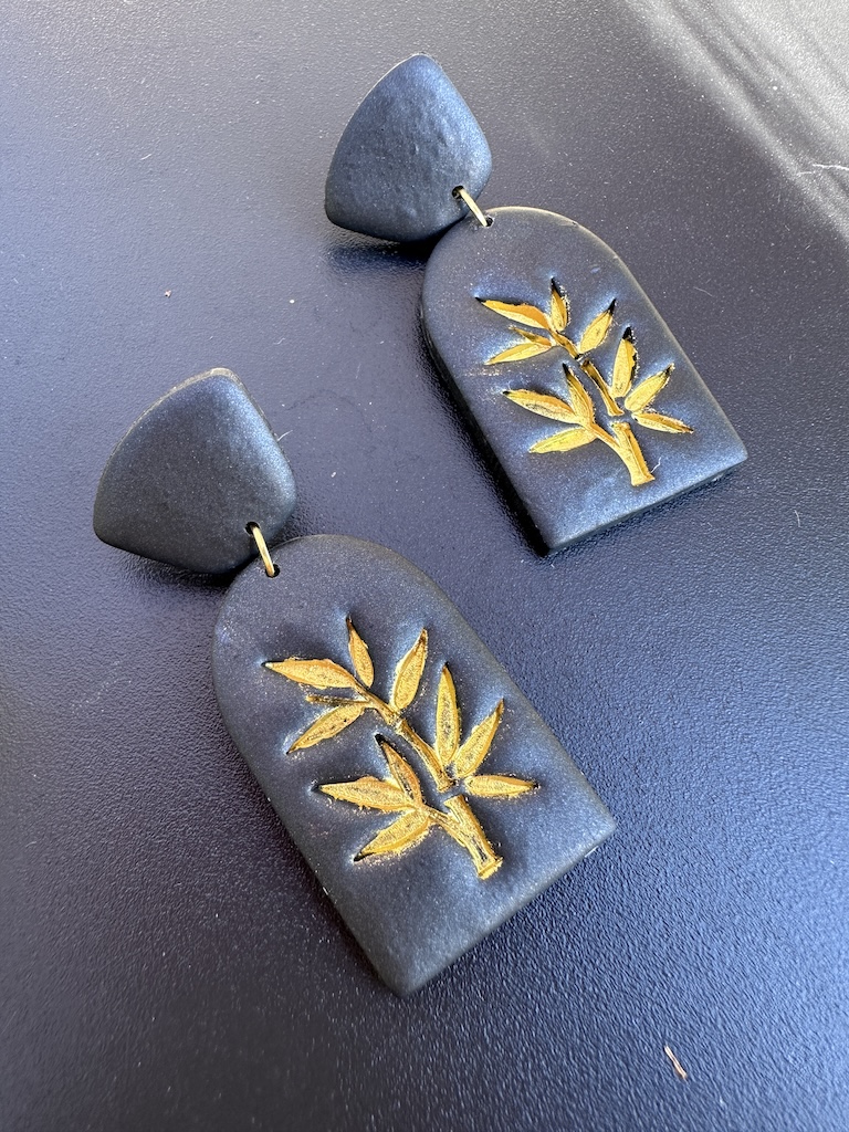 Gold and Black Bamboo Leaves Dangle Earrings