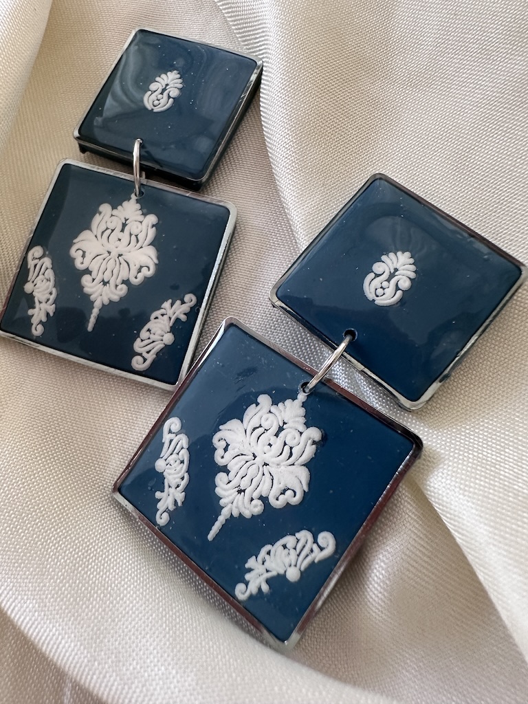 Blue and White Square Enamel Tile Style Earrings