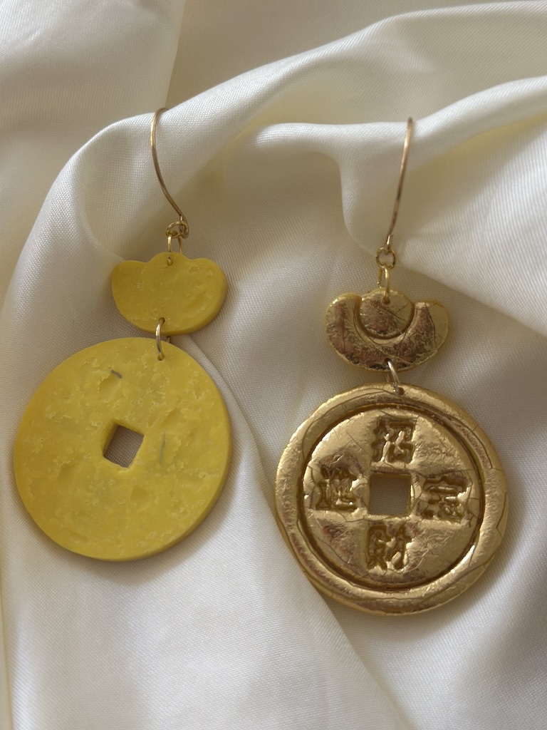 Gold Chinese Fortune Coin Statement Earrings