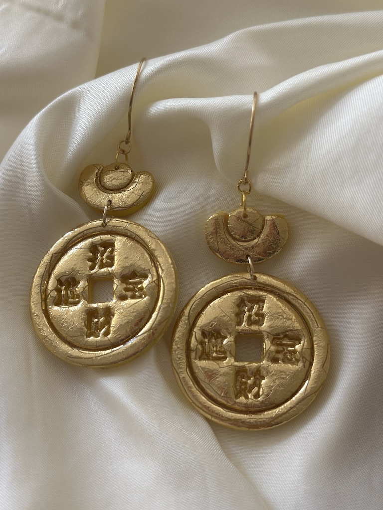 Gold Chinese Fortune Coin Statement Earrings