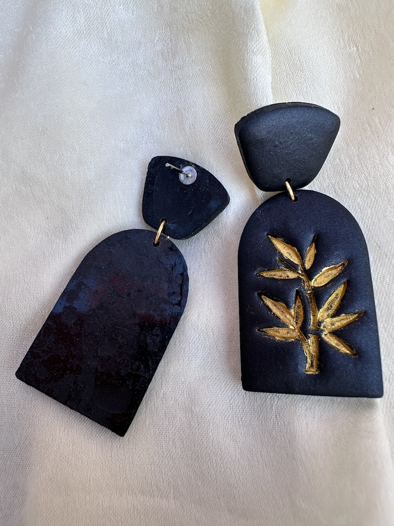 Gold and Black Bamboo Leaves Dangle Earrings
