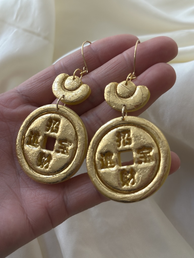 Gold Chinese Fortune Coin Statement Earrings