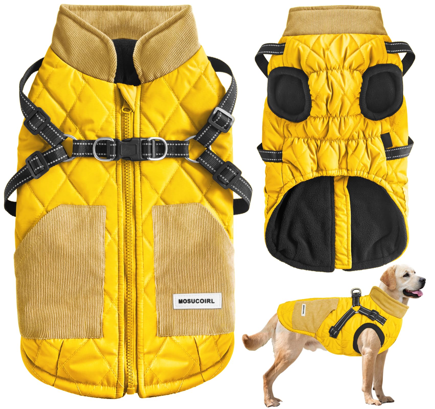 Yellow Quilted Dog Jacket with Harness