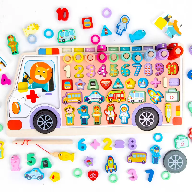 Ambulance Log Board Educational Toy with Puzzle and Magnetic Fishing game 